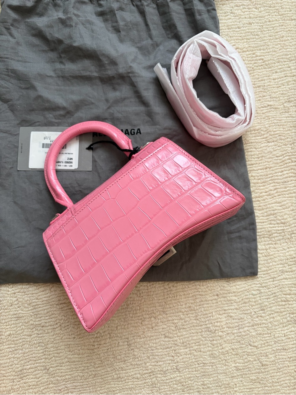 Brand New Balenciaga XS Hourglass Pink Croc Embossed Top Handle Bag $2600 - Picture 4 of 6